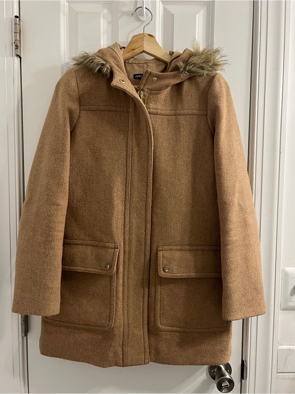 J. Crew Wool Blend Camel Hooded Coat- Size 2 - Picture 2 of 15